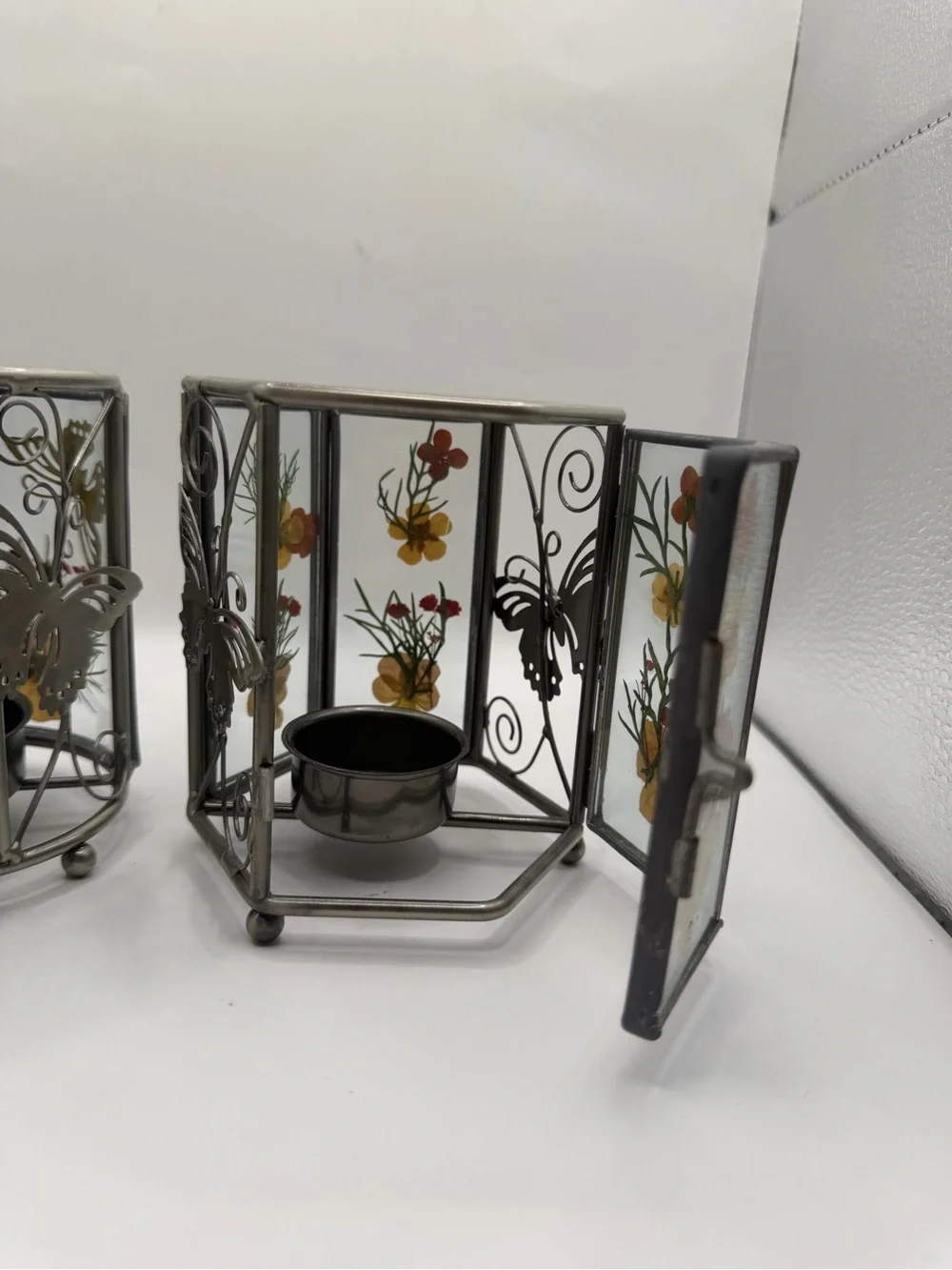 Pressed Flower Butterfly Glass Tealight Candle Holders Set of 2